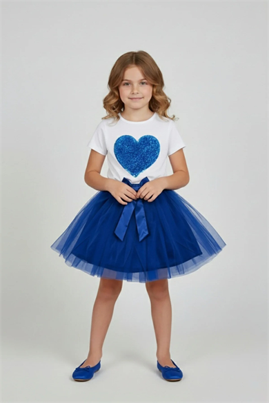 Kız Çocuk Saks Kalpli Tişört Saks Tütü Etek 23 Nisan 29 Ekim Gösteri Kıyafeti Takım