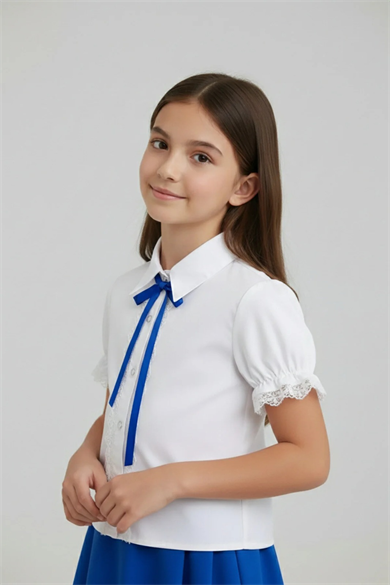 Kız Çocuk Saks Mavi Fiyonklu Dantelli Beyaz Gömlek 23 Nisan 29 Ekim Gösteri Kıyafeti