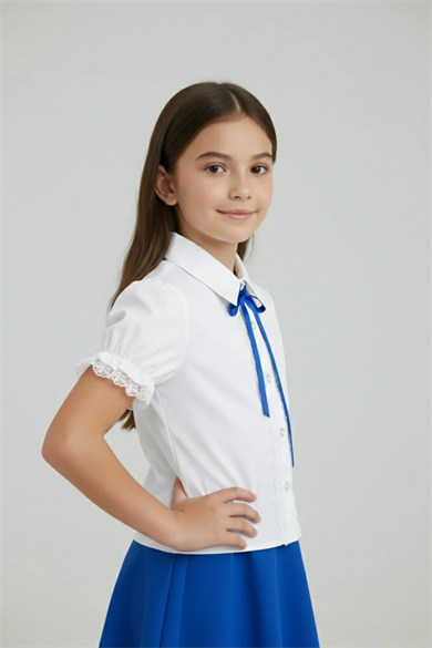 Kız Çocuk Saks Mavi Fiyonklu Dantelli Beyaz Gömlek 23 Nisan 29 Ekim Gösteri Kıyafeti