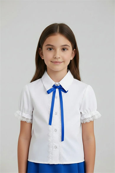 Kız Çocuk Saks Mavi Fiyonklu Dantelli Beyaz Gömlek 23 Nisan 29 Ekim Gösteri Kıyafeti