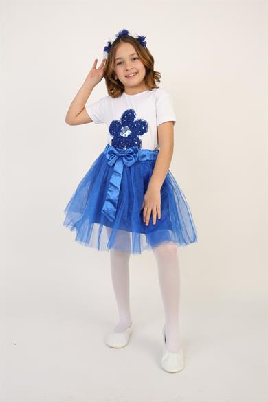 Kız Çocuk Saks Mavi Pullu Çiçek Tişört Saks Mavi Tütü Etek Takım 23 Nisan 29 Ekim Gösteri Kıyafeti