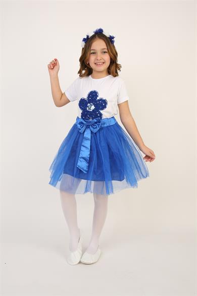 Kız Çocuk Saks Mavi Pullu Çiçek Tişört Saks Mavi Tütü Etek Takım 23 Nisan 29 Ekim Gösteri Kıyafeti