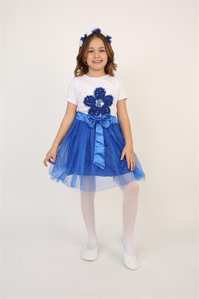 Kız Çocuk Saks Mavi Pullu Çiçek Tişört Saks Mavi Tütü Etek Takım 23 Nisan 29 Ekim Gösteri Kıyafeti