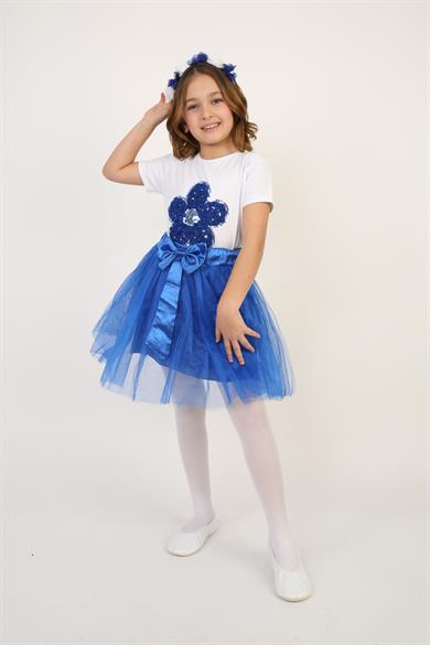 Kız Çocuk Saks Mavi Pullu Çiçek Tişört Saks Mavi Tütü Etek Takım 23 Nisan 29 Ekim Gösteri Kıyafeti