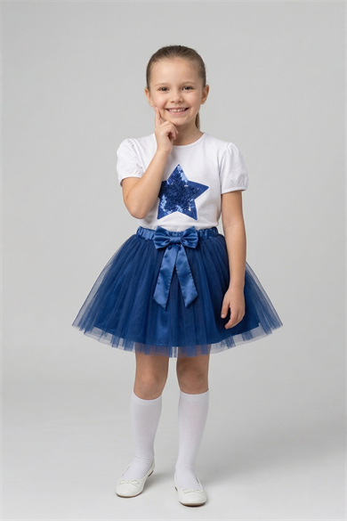 Kız Çocuk Saks Yıldız Tişört Saks Tütü Etek 23 Nisan 29 Ekim Gösteri Kıyafeti Takım