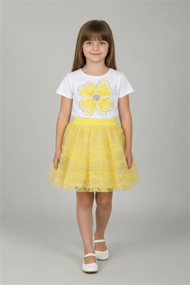 Kız Çocuk Sarı Çiçek Desenli Tişört ve Simli Tütülü Etek Takım 23 Nisan 29 Ekim Gösteri Kıyafeti