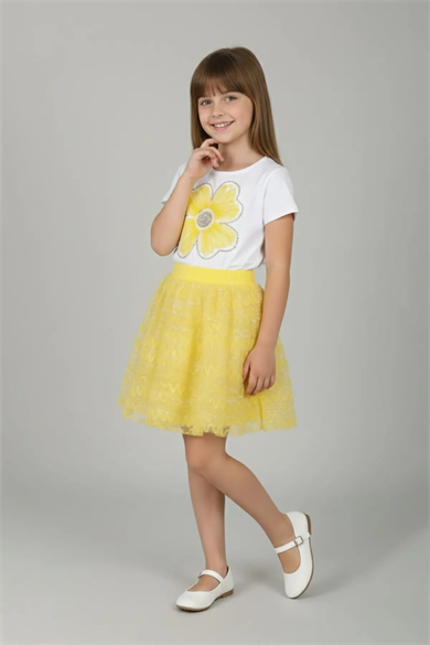 Kız Çocuk Sarı Çiçek Desenli Tişört ve Simli Tütülü Etek Takım 23 Nisan 29 Ekim Gösteri Kıyafeti