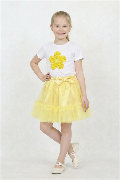Kız Çocuk Sarı Çiçek Tişört Sarı Fırfırlı Tütü Etek 23 Nisan Gösteri Kıyafeti