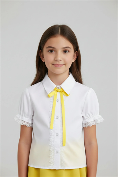 Kız Çocuk Sarı Fiyonklu Dantelli Beyaz Gömlek 23 Nisan 29 Ekim Gösteri Kıyafeti