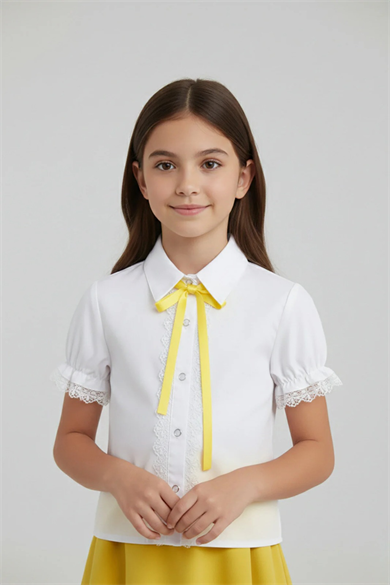 Kız Çocuk Sarı Fiyonklu Dantelli Beyaz Gömlek 23 Nisan 29 Ekim Gösteri Kıyafeti