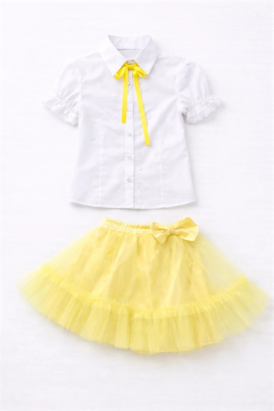 Kız Çocuk Sarı Fiyonklu Dantelli Gömlek Sarı Fırfırlı Tütü Etek 23 Nisan Gösteri Kıyafeti