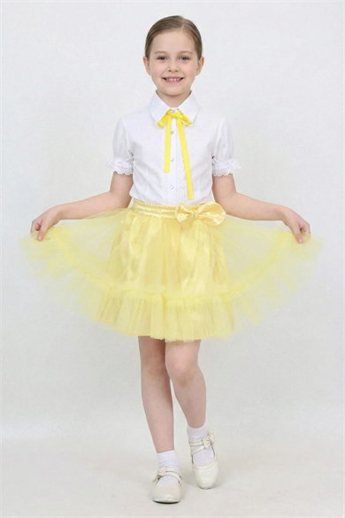 Kız Çocuk Sarı Fiyonklu Dantelli Gömlek Sarı Fırfırlı Tütü Etek 23 Nisan Gösteri Kıyafeti