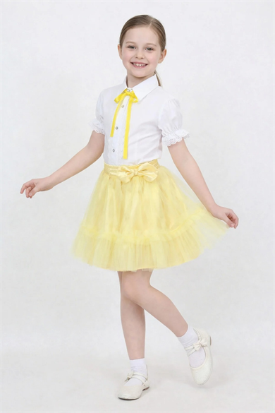 Kız Çocuk Sarı Fiyonklu Dantelli Gömlek Sarı Fırfırlı Tütü Etek 23 Nisan Gösteri Kıyafeti