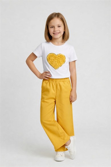 Kız Çocuk Sarı Kalp Tişört Sarı Geniş Paça Pantolon 23 Nisan Gösteri Kıyafeti
