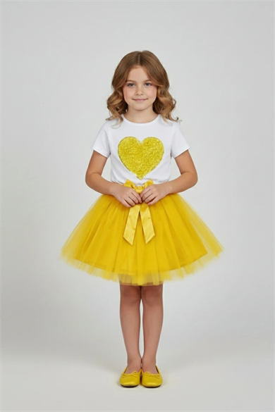 Kız Çocuk Sarı Kalpli Tişört Sarı Tütü Etek 23 Nisan 29 Ekim Gösteri Kıyafeti Takım