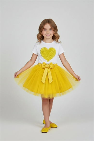 Kız Çocuk Sarı Kalpli Tişört Sarı Tütü Etek 23 Nisan 29 Ekim Gösteri Kıyafeti Takım