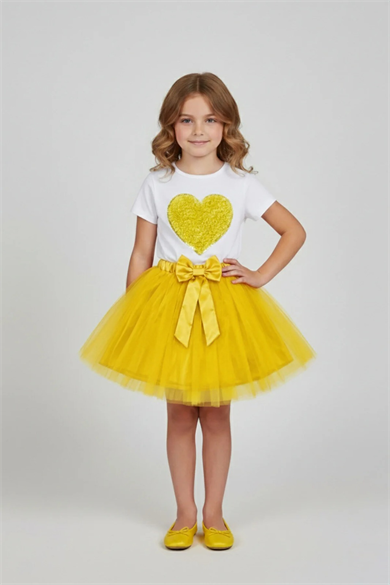 Kız Çocuk Sarı Kalpli Tişört Sarı Tütü Etek 23 Nisan 29 Ekim Gösteri Kıyafeti Takım