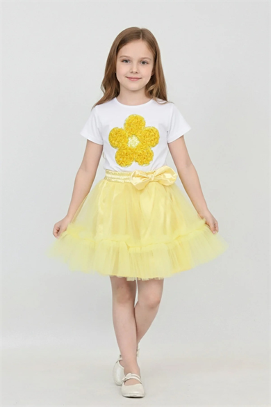 Kız Çocuk Sarı Papatya Tişört Sarı Beli Lastikli Fırfırlı Etek Takım 23 Nisan Gösteri Kıyafeti