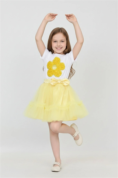 Kız Çocuk Sarı Papatya Tişört Sarı Beli Lastikli Fırfırlı Etek Takım 23 Nisan Gösteri Kıyafeti