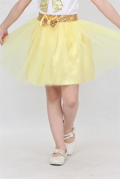 Kız Çocuk Sarı Pullu ve Fiyonk Detaylı Tütü Etek