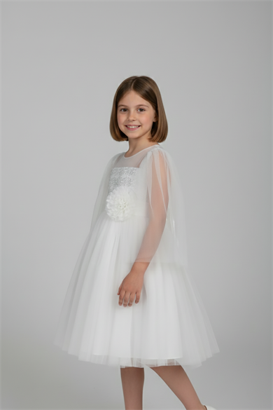 Kız Çocuk Simli ve Çiçek Detaylı Elbise Beyaz Prenses Model Tül Elbise 23 Nisan 29 Ekim