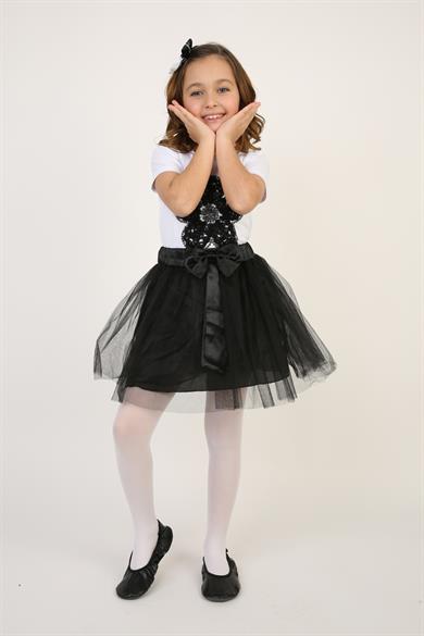 Kız Çocuk Siyah Pullu Çiçek Tişört Siyah Tütü Etek Takım 23 Nisan 29 Ekim Gösteri Kıyafeti