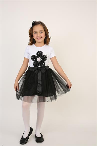Kız Çocuk Siyah Pullu Çiçek Tişört Siyah Tütü Etek Takım 23 Nisan 29 Ekim Gösteri Kıyafeti