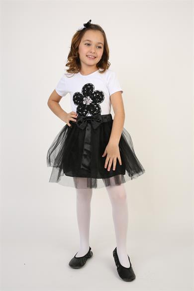 Kız Çocuk Siyah Pullu Çiçek Tişört Siyah Tütü Etek Takım 23 Nisan 29 Ekim Gösteri Kıyafeti