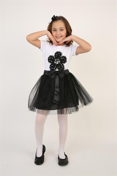 Kız Çocuk Siyah Pullu Çiçek Tişört Siyah Tütü Etek Takım 23 Nisan 29 Ekim Gösteri Kıyafeti