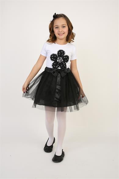 Kız Çocuk Siyah Pullu Çiçek Tişört Siyah Tütü Etek Takım 23 Nisan 29 Ekim Gösteri Kıyafeti