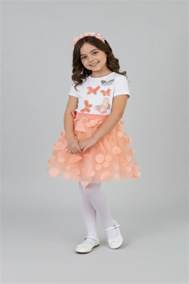 Kız Çocuk Somon Renkli Kelebek Detaylı Tişört ve Somon Etek Takım 23 Nisan Gösteri Kıyafeti