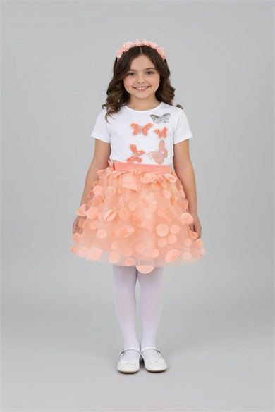 Kız Çocuk Somon Renkli Kelebek Detaylı Tişört ve Somon Etek Takım 23 Nisan Gösteri Kıyafeti