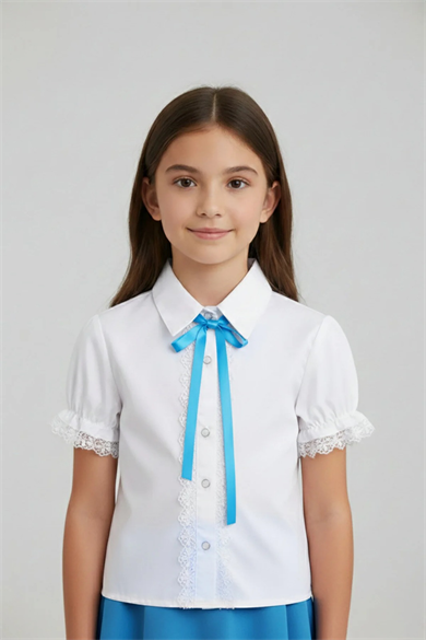 Kız Çocuk Turkuaz Fiyonklu Dantelli Beyaz Gömlek 23 Nisan 29 Ekim Gösteri Kıyafeti