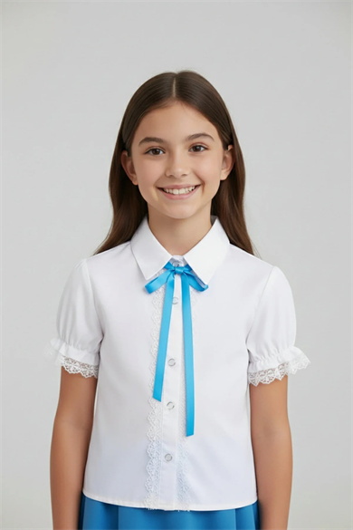 Kız Çocuk Turkuaz Fiyonklu Dantelli Beyaz Gömlek 23 Nisan 29 Ekim Gösteri Kıyafeti