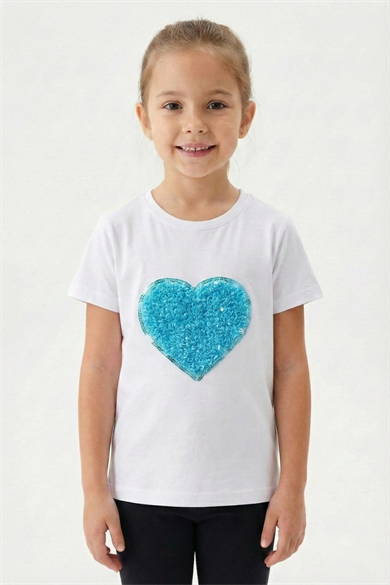 Kız Çocuk Turkuaz Kalp Tişört 23 Nisan 29 Ekim Gösteri Tişört