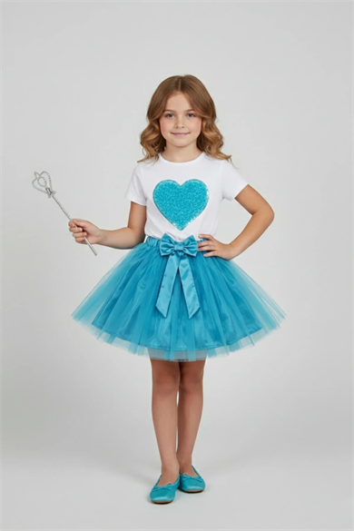 Kız Çocuk Turkuaz Kalpli Tişört Turkuaz Tütü Etek 23 Nisan 29 Ekim Gösteri Kıyafeti Takım