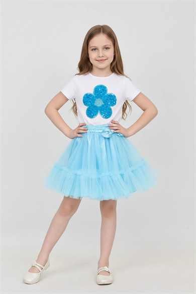 Kız Çocuk Turkuaz Papatya Tişört Turkuaz Beli Lastikli Fırfırlı Etek Takım 23 Nisan Gösteri Kıyafeti