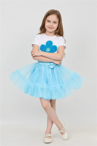 Kız Çocuk Turkuaz Papatya Tişört Turkuaz Beli Lastikli Fırfırlı Etek Takım 23 Nisan Gösteri Kıyafeti