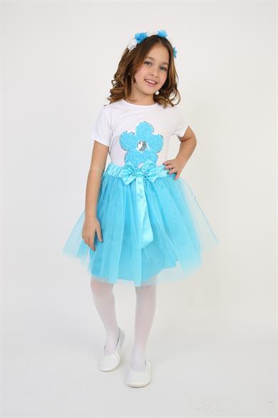 Kız Çocuk Turkuaz Pullu Çiçek Tişört Turkuaz Tütü Etek Takım 23 Nisan 29 Ekim Gösteri Kıyafeti
