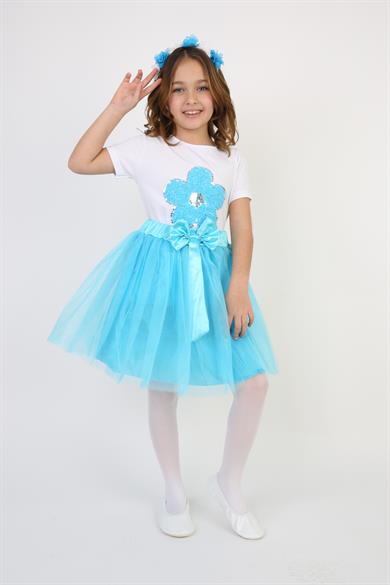 Kız Çocuk Turkuaz Pullu Çiçek Tişört Turkuaz Tütü Etek Takım 23 Nisan 29 Ekim Gösteri Kıyafeti