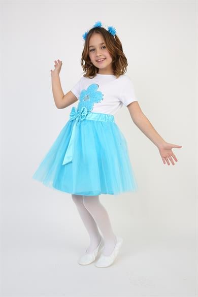 Kız Çocuk Turkuaz Pullu Çiçek Tişört Turkuaz Tütü Etek Takım 23 Nisan 29 Ekim Gösteri Kıyafeti