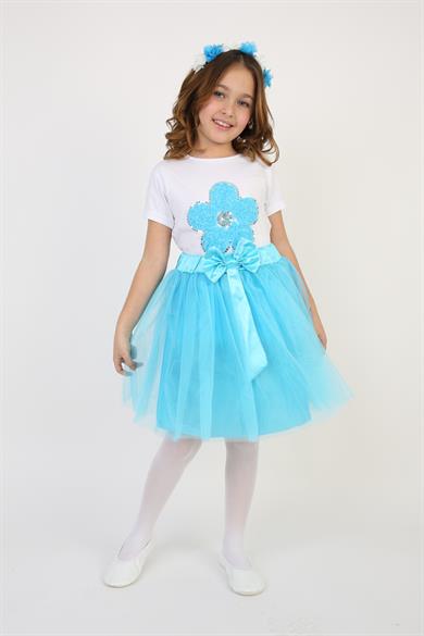 Kız Çocuk Turkuaz Pullu Çiçek Tişört Turkuaz Tütü Etek Takım 23 Nisan 29 Ekim Gösteri Kıyafeti