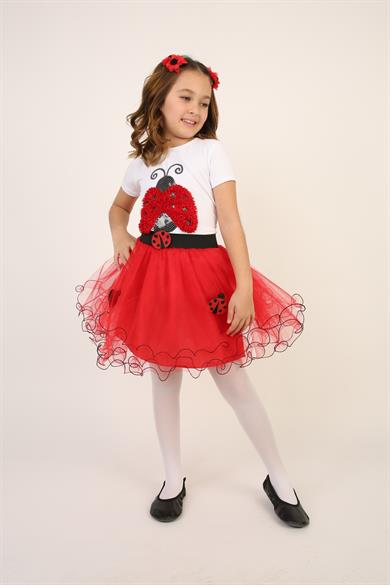 Kız Çocuk Uğur Böceği Kostümü Tişört Etek Taç Kanat Takım 23 Nisan 29 Ekim Gösteri Kıyafeti