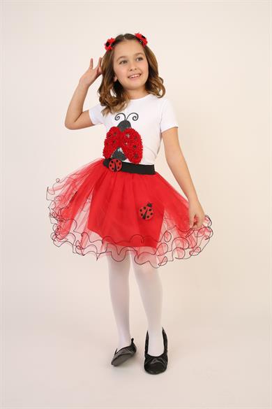 Kız Çocuk Uğur Böceği Kostümü Tişört Etek Taç Kanat Takım 23 Nisan 29 Ekim Gösteri Kıyafeti