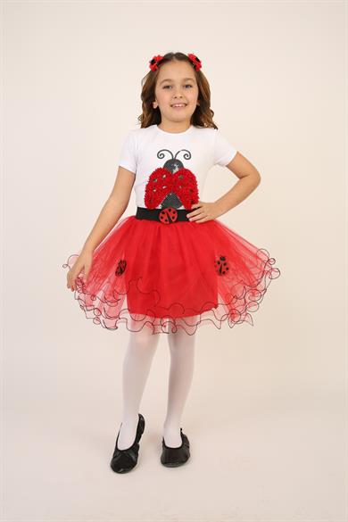 Kız Çocuk Uğur Böceği Kostümü Tişört Etek Taç Kanat Takım 23 Nisan 29 Ekim Gösteri Kıyafeti