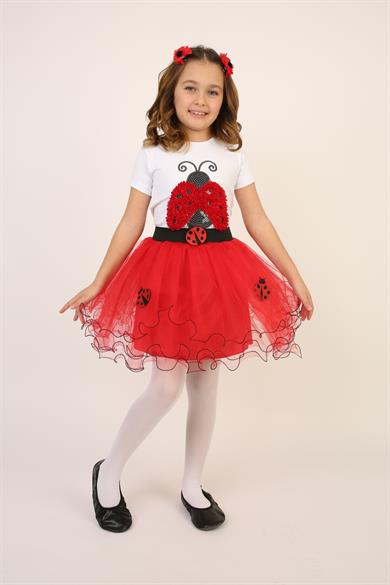 Kız Çocuk Uğur Böceği Kostümü Tişört Etek Taç Kanat Takım 23 Nisan 29 Ekim Gösteri Kıyafeti