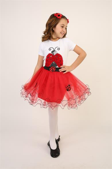 Kız Çocuk Uğur Böceği Kostümü Tişört Etek Taç Kanat Takım 23 Nisan 29 Ekim Gösteri Kıyafeti