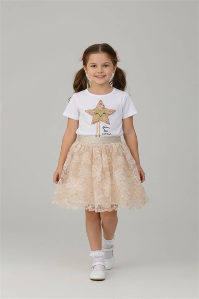 Kız Çocuk Yıldız Figürlü Pullu Tişört ve Çiçek Nakışlı Tütülü Etek Takım 23 Nisan Gösteri Kıyafeti
