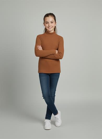 Kız ve Erkek Çocuk Kahverengi Fitilli Yarım Balıkçı Yaka Uzun Kollu Body İçlik