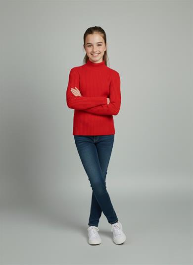 Kız ve Erkek Çocuk Kırmızı Fitilli Yarım Balıkçı Yaka Uzun Kollu Body İçlik